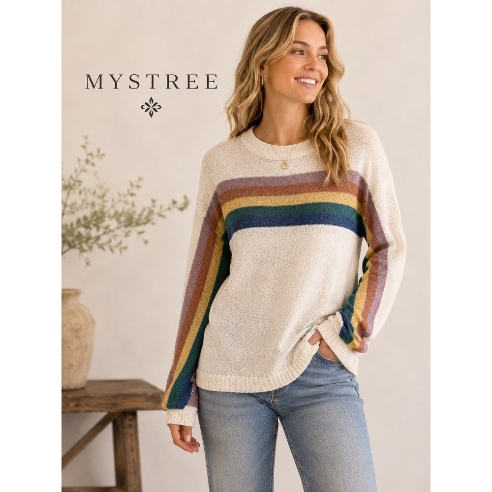 Mystree Women Cream Rainbow Stripe Knit Sweater Crew Neck Pullover Large